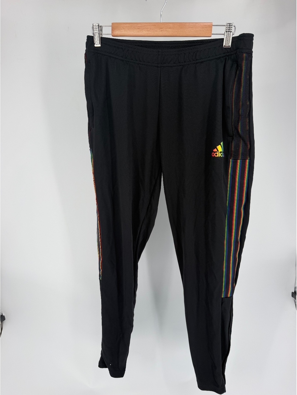 Adidas Black Track Pants with Rainbow Stripes